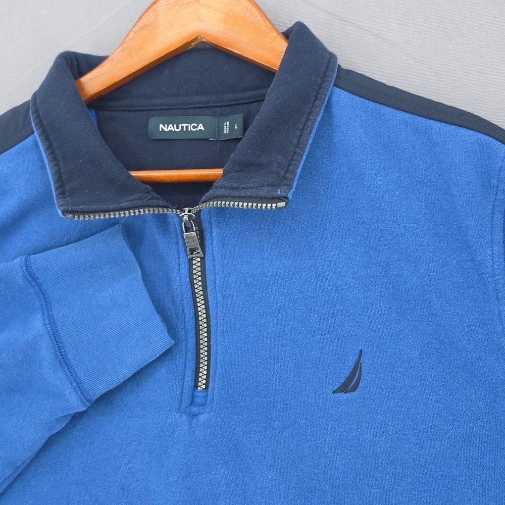 Nautica Mens Large Blue Quarter Zip Fleece Pullover Sweatshirt Navy Trim